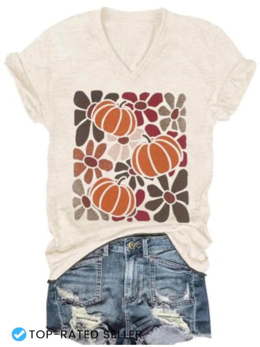 Women's V-Neck T-Shirt Boho Wildflower Graphic Tee Short Sleeve Casual Summer